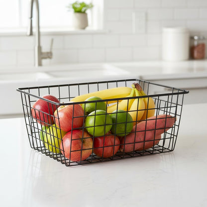 Metal White Wire Basket,Food Storage Organizer with Wooden Handles, pantry organizers and storage for Organizing Kitchen Cabinets potato onion, 2 Packs