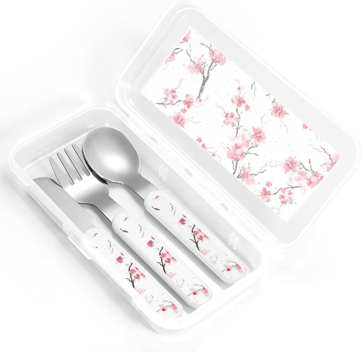 Stainless Steel Kids Silverware Set, Cherry Blossom Utensil Set Reusable Children Safe Knife Spoon Fork Set With Storage Case Dishwasher Safe For Lunch, Travel Outdoors