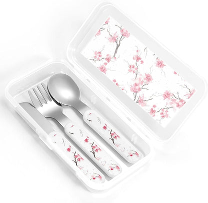 Stainless Steel Kids Silverware Set, Cherry Blossom Utensil Set Reusable Children Safe Knife Spoon Fork Set With Storage Case Dishwasher Safe For Lunch, Travel Outdoors