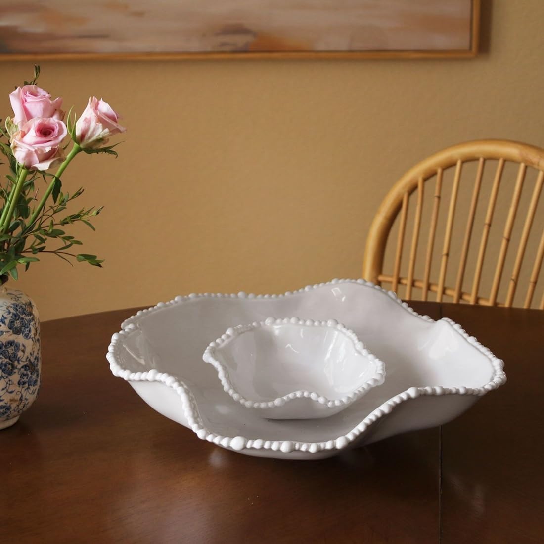 Beatriz Ball Vida Alegria Chip & Dip | Luxury White Melamine Chip & Dip Platter | Elegant Luxury Melamine with Pearl Rim, Ideal for Modern Serving Sets, Mix & Match, Suitable for Indoor/Outdoor Use