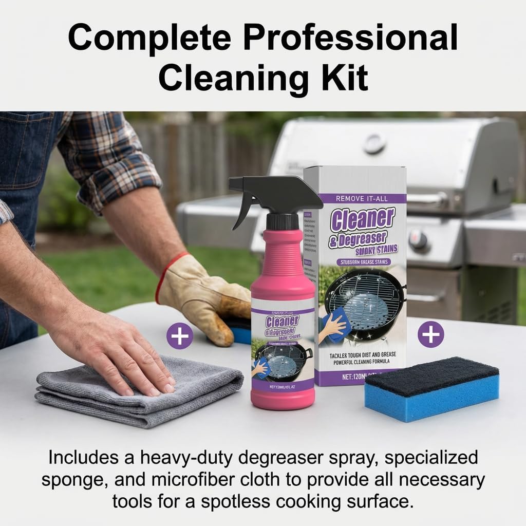 Heavy Duty Grill Degreaser Spray, 2026 Upgrade Heavy Duty Grill Grease Eraser Spray with Cloth Sponge Scrubber Set,Remove Stubborn Grease Smoky Stains Outdoor BBQ Smoker Grates (2)