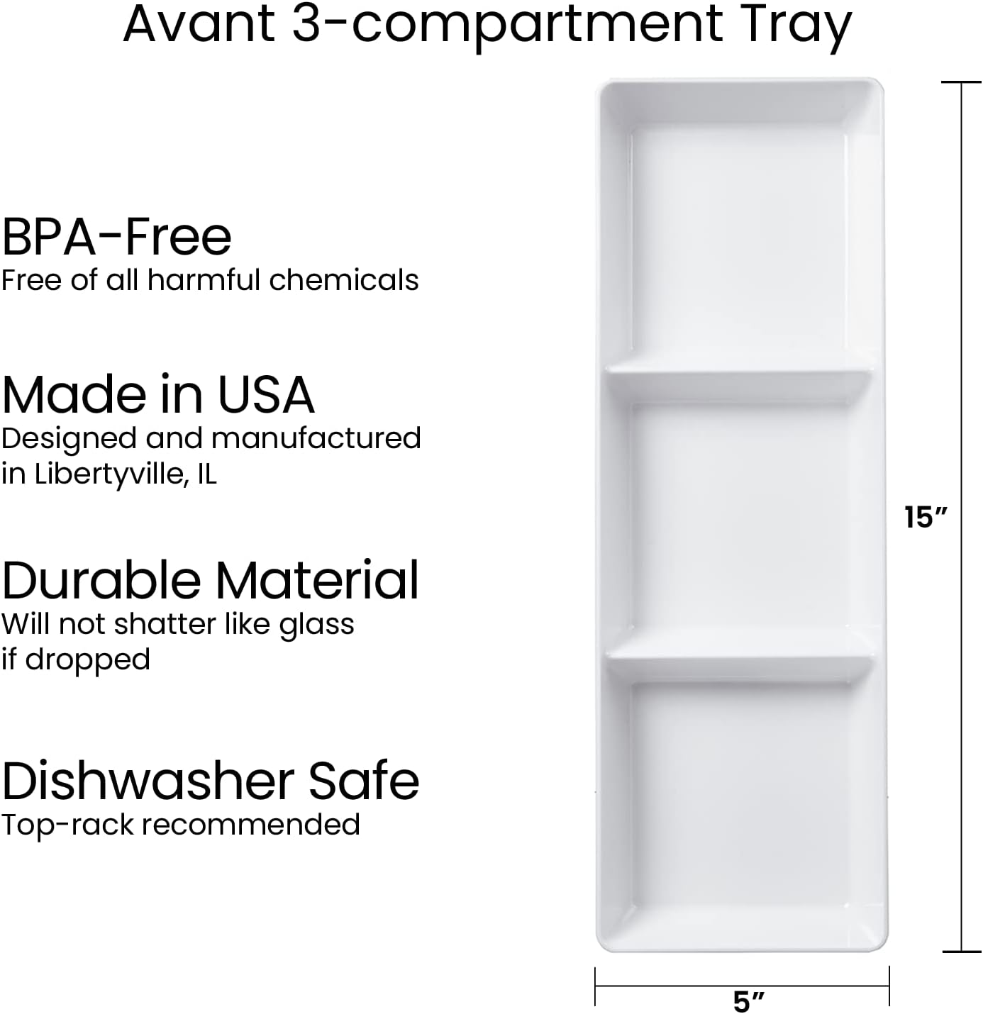 US Acrylic Avant White Plastic Divided Serving Trays (Set of 4) 15” x 5” | Narrow Reusable 3-Section Party Platters | Serve Appetizers, Fruit, Veggies, & Desserts | BPA-Free & Made in USA