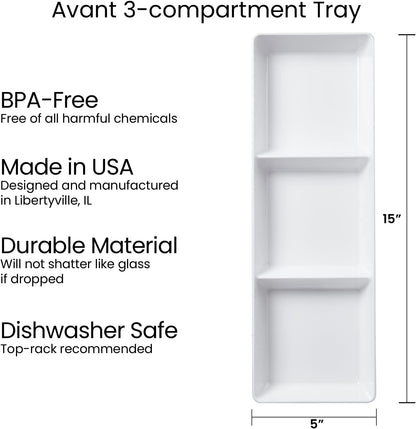 US Acrylic Avant White Plastic Divided Serving Trays (Set of 4) 15” x 5” | Narrow Reusable 3-Section Party Platters | Serve Appetizers, Fruit, Veggies, & Desserts | BPA-Free & Made in USA