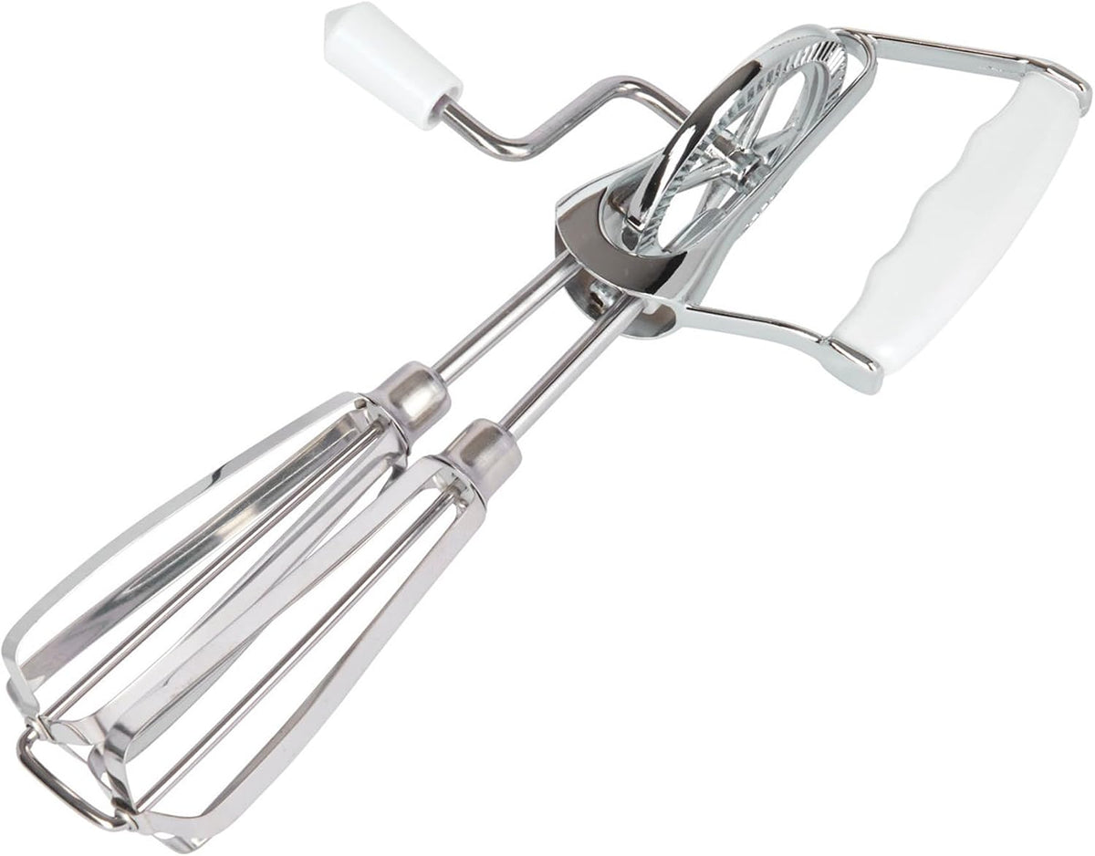 Fox Run Stainless Steel Manual Hand Mixer, White Retro Style Egg Beater