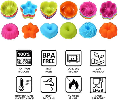 Silicone Muffin Baking Cups, 24 Pack Reusable 6 Shapes Silicone Mini Cupcake Liners for Baking, Nonstick Cupcake Liners Candy Molds Set DIY Cake Tools
