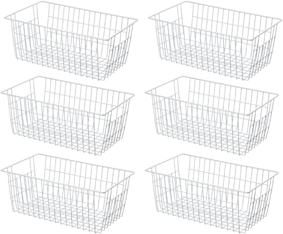 SANNO Freezer Baskets for Storage Pantry Large Metal Wire Food Storage Organizer Bin Basket with Handles - for Kitchen Cabinets, Pantry, Bathroom, Laundry Room, Closets, Garage - Chrome，2 pack