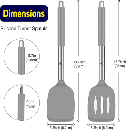 HOTEC Silicone Spatula Set of 2 Heat-Resistant 600°F & BPA-Free Kitchen SaptulaTurner with Stainless Steel Handles, Slotted & Solid Spatulas for Nonstick Cookware, 13.7 Inch, Classic Blue