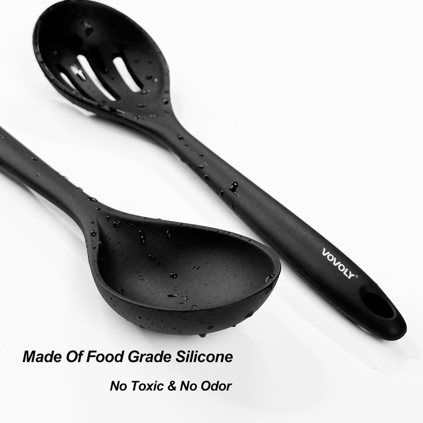 Silicone Spoons for Cooking - Kitchen Spoons for Mixing, Serving, & Stirring - 600°F Heat-Resistant Non Stick Utensils Ladle & Skimmer- Dishwasher Safe, Black,10.4IN