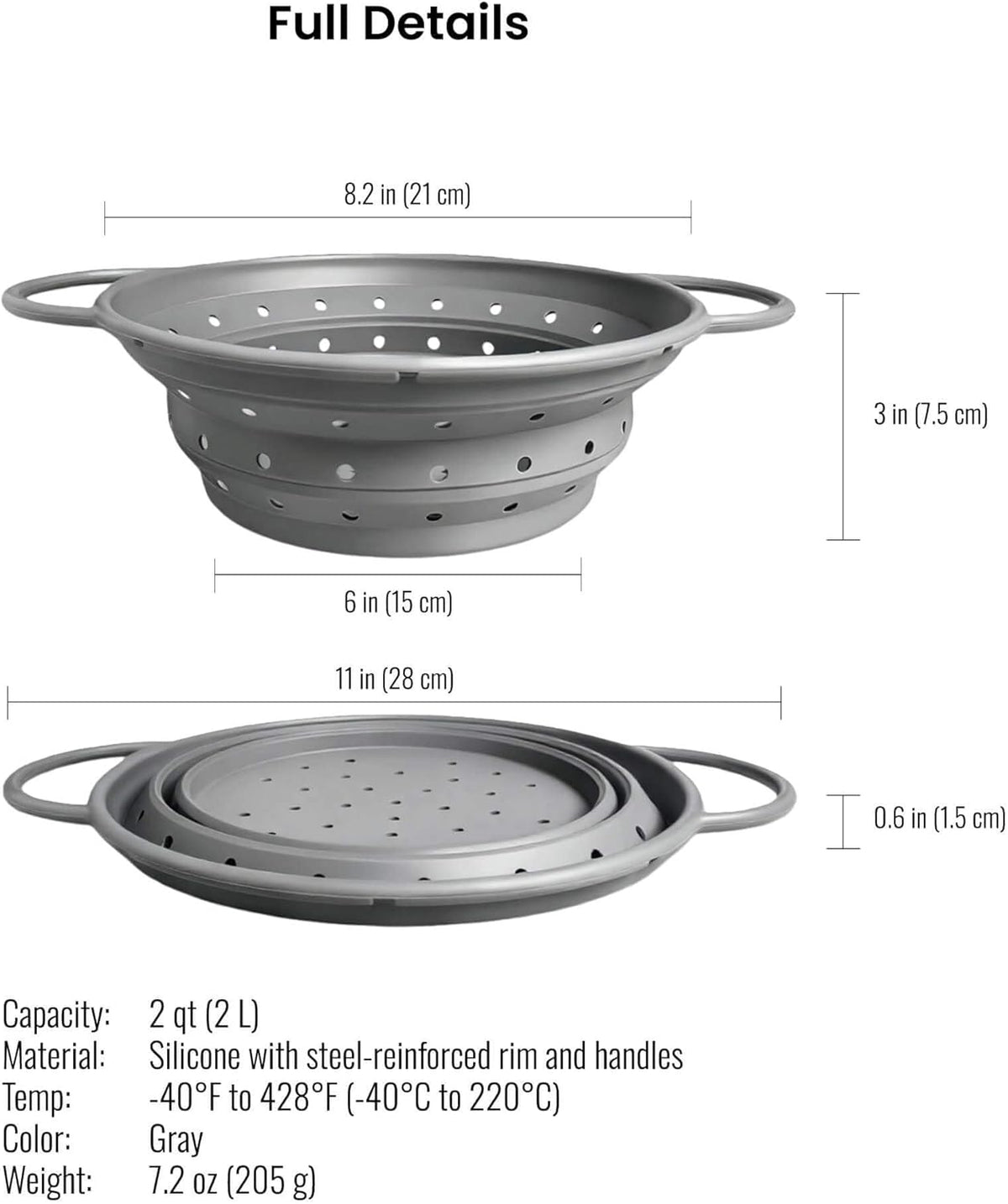 2‑Quart Silicone Collapsible Colander & Kitchen Collapsible Strainer