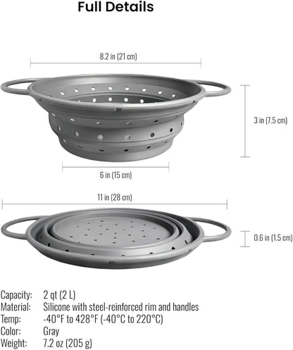 2‑Quart Silicone Collapsible Colander & Kitchen Collapsible Strainer