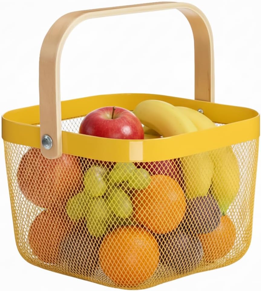 Mesh Steel Storage Organizer Basket Fruit Basket Bin with Wood Handle Ideal for Kitchen Bathroom Picnic Baskets Pantry Cabinets Storage Home Decor (White)