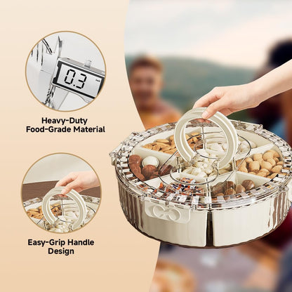 Koja Rotating Snackle Box Container with Lid - Portable Divided Serving Tray for Snacks, Nuts, Candy, Charcuterie, Veggies & Fruit - 360° Turntable Food Organizer (Beige, 7-Compartment)