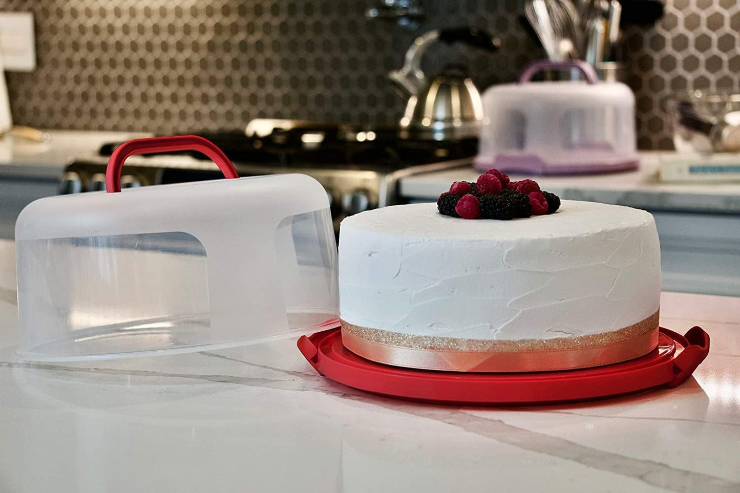 Top Shelf Elements Round Cake Carrier Two Sided Cake Holder Serves as Five Section Serving Tray, Portable Cake Stand Fits 10 inch Cake, Cake Box Comes With Handle, Cake Container Holds Pies (White)
