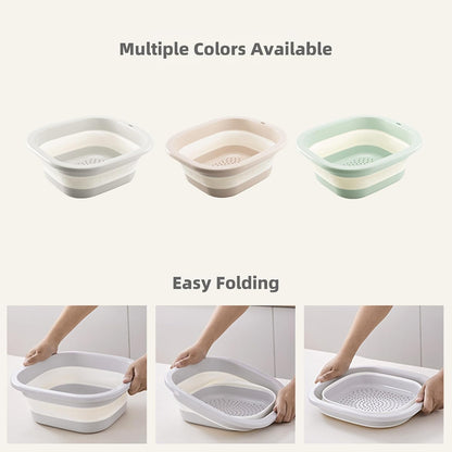 Collapsible Colander & Wash Basin Set, 2-in-1 Foldable Dishpan with Drain Holes, Space-Saving Kitchen Sink Tub for Washing Fruits, Vegetables, Meal Prep & Kitchen Use (Pink)