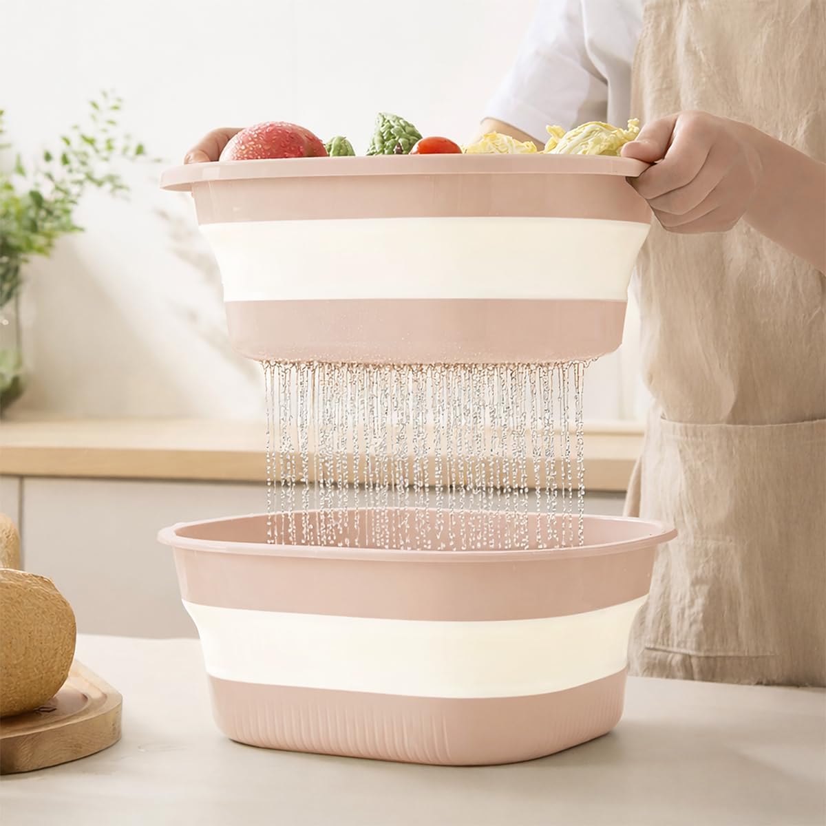 Collapsible Colander & Wash Basin Set, 2-in-1 Foldable Dishpan with Drain Holes, Space-Saving Kitchen Sink Tub for Washing Fruits, Vegetables, Meal Prep & Kitchen Use (Pink)