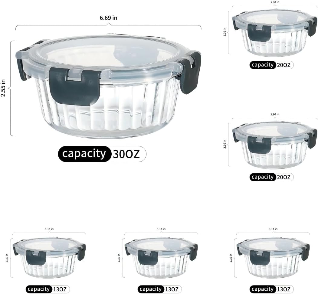 Glass Fluted Ombre grey Leak-Proof 6-Piece Set Food Storage Containers, Food Containers with Lids, Meal Prep Containers. (Rectangular)