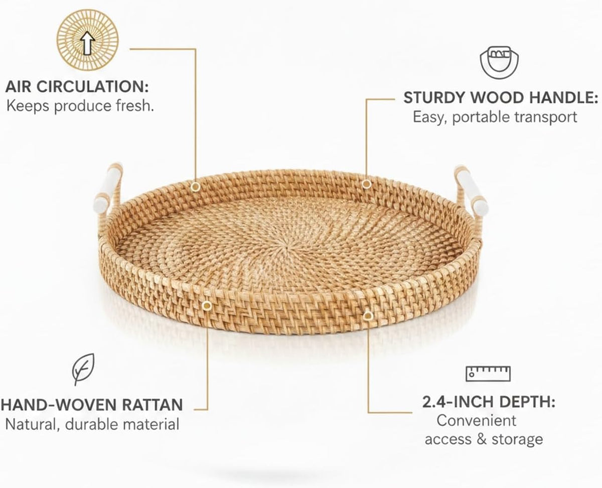 Hand Woven Rattan Basket with Wood Handle, Open Weave Storage Bin for Countertop Organization, Produce, and Home Decor