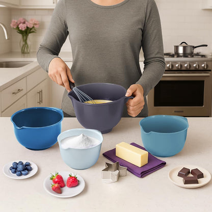 Glad Mixing Bowls with Pour Spout, Set of 4 - Nesting Plastic Bowls (1.2qt, 1.9qt, 2.8qt, and 3qt with Handle) - Non Slip Base, Dishwasher Safe Kitchen Cooking and Baking Supplies, Green