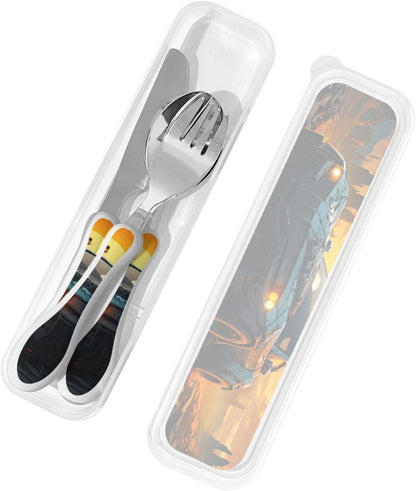 3-Piece Kids Silverware Set With Storage Case, Stainless Steel Reusable Children Safe Knife Spoon Fork Set Blue Active Girl Running Sunset Children Flatware Set For Kids Lunch Box - Colors A