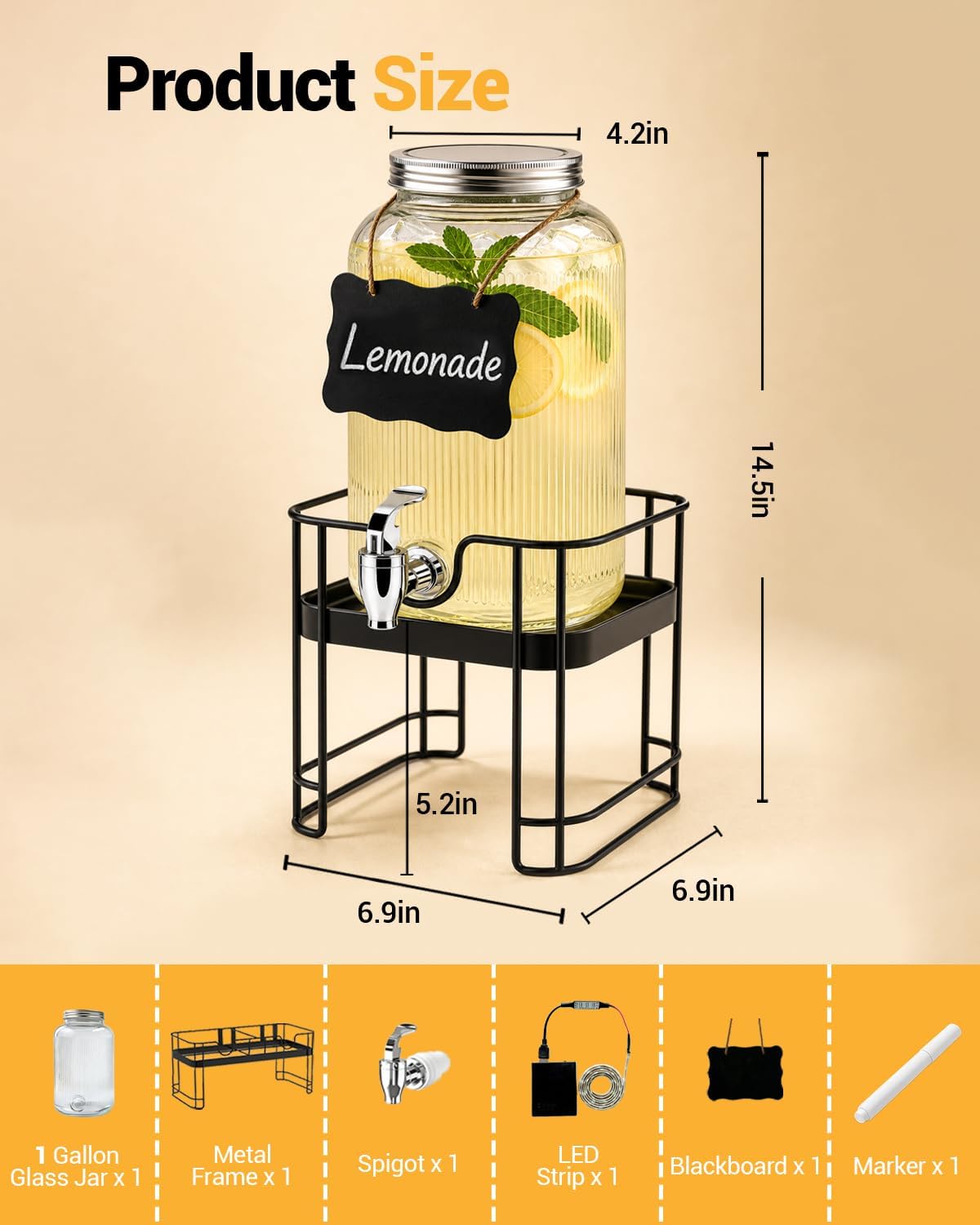 PAROTO Drink Dispensers for Parties, 2 Pack 1 Gallon Glass Beverage Dispenser with Stand and LED Strip Light, Lemonade Juice Water Dispenser with Spigot for Wedding Bar Picnic BBQ Buffet Event