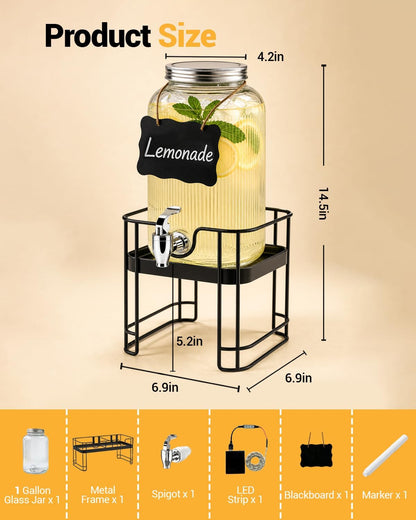 PAROTO Drink Dispensers for Parties, 2 Pack 1 Gallon Glass Beverage Dispenser with Stand and LED Strip Light, Lemonade Juice Water Dispenser with Spigot for Wedding Bar Picnic BBQ Buffet Event