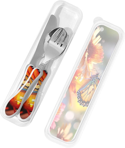 3-Piece Kids Silverware Set With Storage Case, Stainless Steel Reusable Children Safe Knife Spoon Fork Set African Lion Black And White Children Flatware Set For Kids Lunch Box