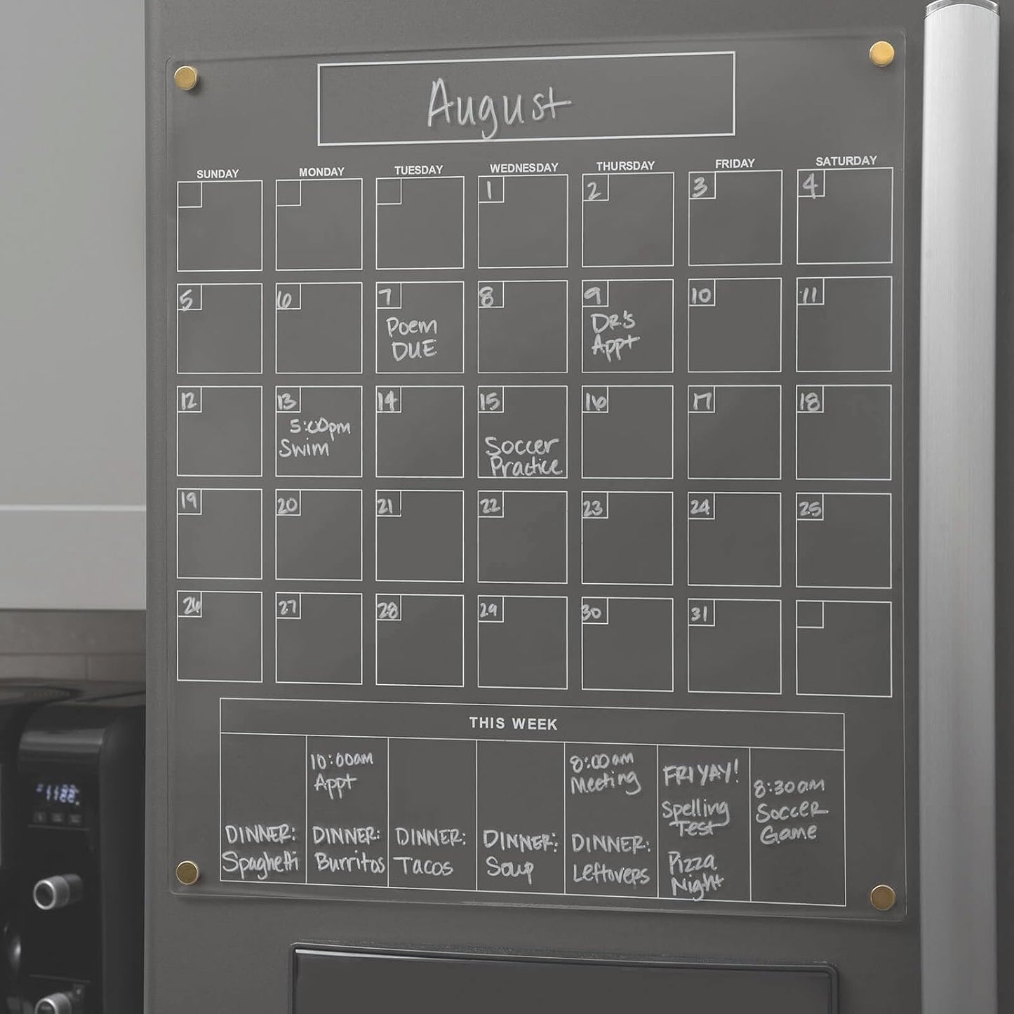 Acrylic Magnetic Calendar for Refrigerator - Clear Dry Erase for Fridge | with Monthly Grid and Weekly Planner Section | 15’’x17’’ Vertical Magnetic Fridge Calendar 2025 | with Gold Magnets