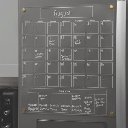 Acrylic Magnetic Calendar for Refrigerator - Clear Dry Erase for Fridge | with Monthly Grid and Weekly Planner Section | 15’’x17’’ Vertical Magnetic Fridge Calendar 2025 | with Gold Magnets