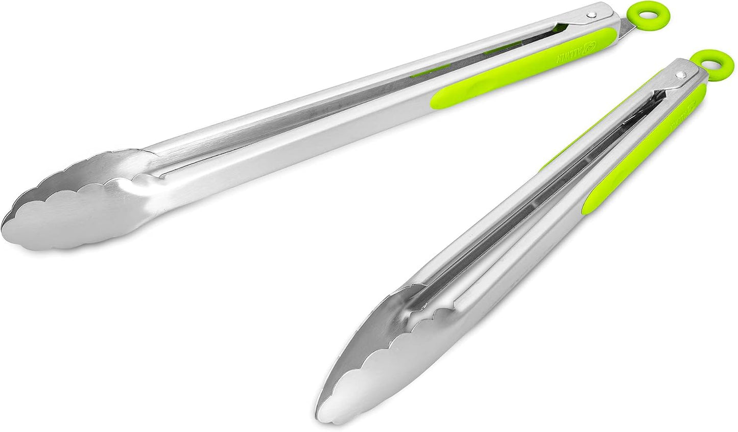 304 Stainless Steel Kitchen Cooking Tongs, 9" and 12" Set of 2 Sturdy Grilling Barbeque Brushed Locking Food Tongs with Ergonomic Grip, Black