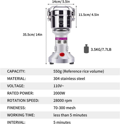 150g Grain Mill, 304 Stainless Steel Spice Grinder, 1500W High-speed Commercial Flour Mill, Superfine Flour Mill Grinder for Home, Grain Mill for Flour