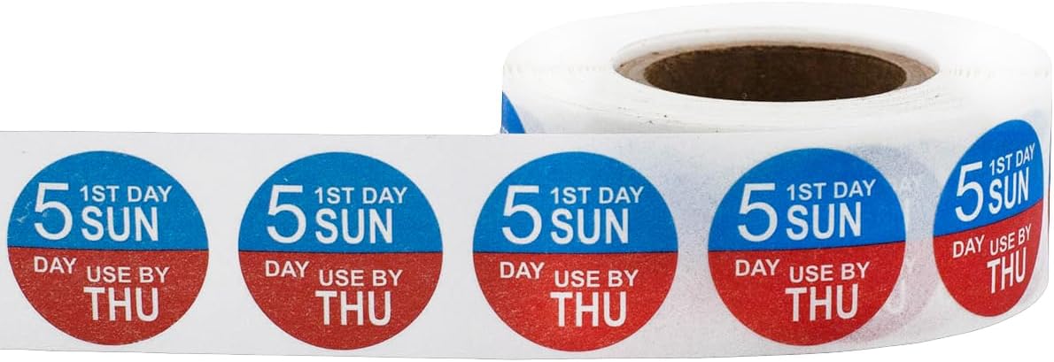 Dissolvable Tuesday Through Saturday 5 Day Food Rotation Labels, 3/4 Inch Use by Stickers, 500 Total Adhesive Labels on a Roll for Restaurant and Kitchen Prep – Made in The USA