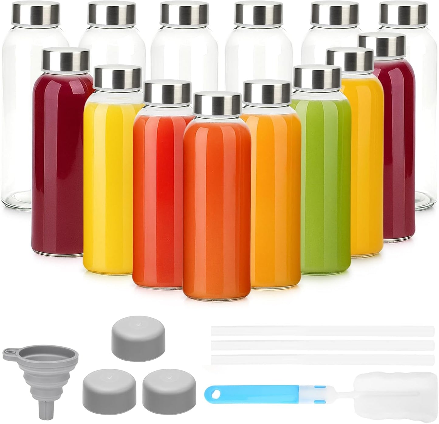 Glass Juice Bottles with Lids 10 oz, 6 Pack Reusable Small Glass Bottles with Stainless Steel Caps & Straws, BPA-Free Leak proof Juice Bottle Containers for Juicing, Milk, Smoothies & Fridge