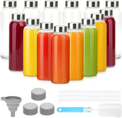 Glass Juice Bottles with Lids 10 oz, 6 Pack Reusable Small Glass Bottles with Stainless Steel Caps & Straws, BPA-Free Leak proof Juice Bottle Containers for Juicing, Milk, Smoothies & Fridge