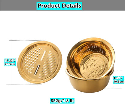 3PC/Set Colander set Stainless Steel Vegetable Slicer Fruit Potato Peeler Carrot Grater Strainer Utensil Round Rice Washer Bowl Drain Basket-Gold