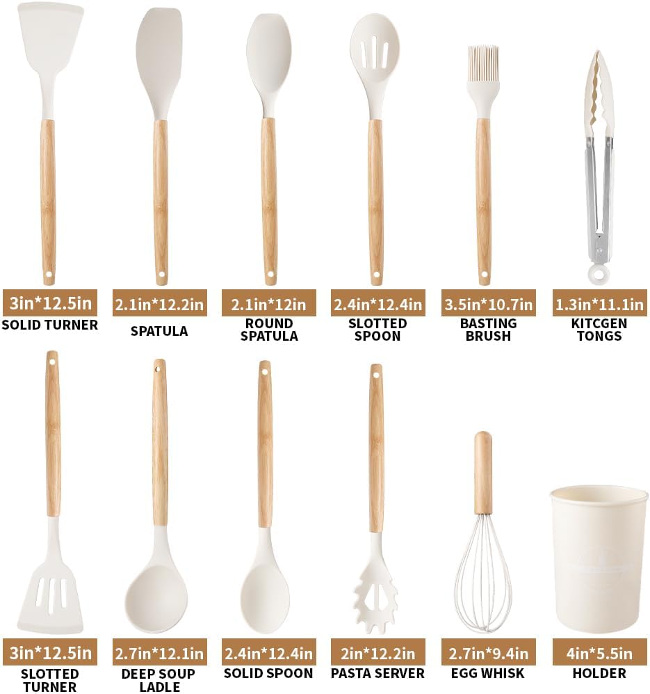 Silicone Cooking Utensils Set, 12Pcs Large Heat Resistant Kitchen Utensils, Turner Tongs, Spatula, Spoon, Wooden Handle Kitchen Gadgets with Holder for Nonstick Cookware, Dishwasher Safe (Grey)