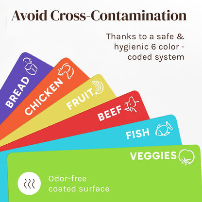 Extra Thick Flexible Plastic Cutting Board Mats, Set of 6 for Kitchen, BPA Free, Non-Slip Waffle Back, Dishwasher Safe Cutting Boards, Color Coded with Food Icons, 15x12 Inch - Cooler Kitchen