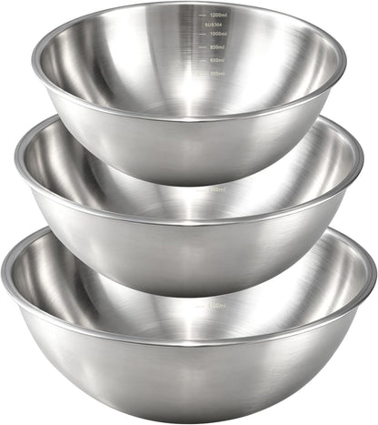 Gronivex 304 Stainless Steel Mixing Bowls, 3-Piece (1.5, 2.2 & 3.4 Qt) | Thicker-Gauge, Food-Grade Metal, Stackable Nesting & Space-Saving – For Kitchen Baking, Salads, Meal Prep, RV & Camping Use