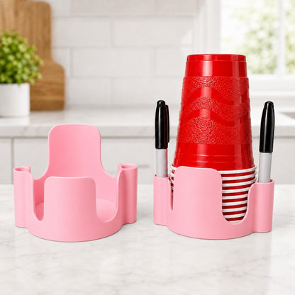 Party Cup Dispenser with Marker Holder – Stackable Plastic Cup Organizer for Parties, Events, BBQs, Picnics, Graduations & Drink Stations, Cup and Marker Caddy, Black (Red)
