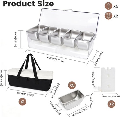 Chilled Condiment Caddy with 5 Stainless Steel Compartments – Condiment Containers with Lids, Serving Tray for Party, Bar, Salad, Taco & Fruit Garnish, Includes 2 Ice Packs, 5 Forks and 2 Tongs
