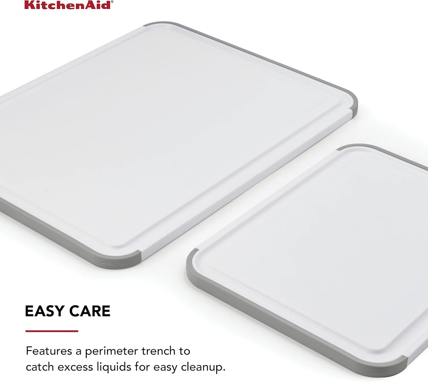 KitchenAid Classic Nonslip 2-Piece Plastic Cutting Board Set with Perimeter Trench and Non Slip Edges, 2-Piece Kitchen Chopping Boards, Dishwasher-Safe, White and Gray