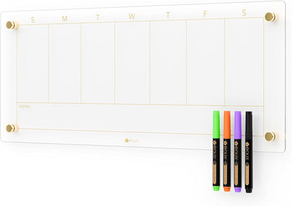 Clear Glass Weekly Dry Erase Calendar & Menu Non-Magnetic Whiteboard for Wall, Meal Plan & Grocery List White Board for Kitchen, 15x11, 7 Days Home Planner, 4 Wet Erase Markers Included, Yeoux