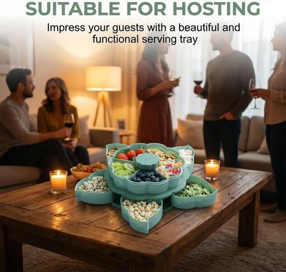 Divided Serving Tray that Spins, Rotating Snack Box Container with Lid for Snacks, Cake, Fruit, Veggie, Dips & Party Appetizers, Lazy Susan Snackle Box Container (Double Layer)