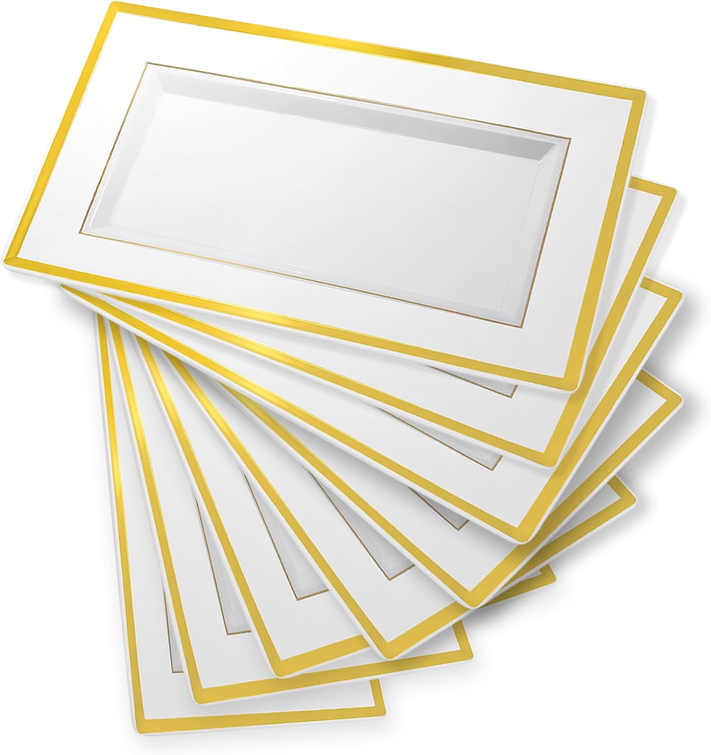 Uenhoy 8 Pcs White Plastic Serving Trays for Party 13" x 8" Rectangle Dessert Trays & Platters with Gold Trim, Fruit Tray Disposable Platters for Cupcake Cookie Dessert Appetizers