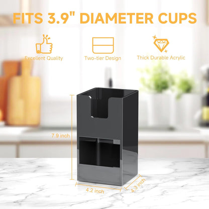 Coffee Condiment and Cup Organizer - 2-Tier Upright Cup and Lid Holder with Straw Organizer 2 Compartments Clear Acrylic Cup Dispenser for Restaurant Breakroom Coffee Station Countertop