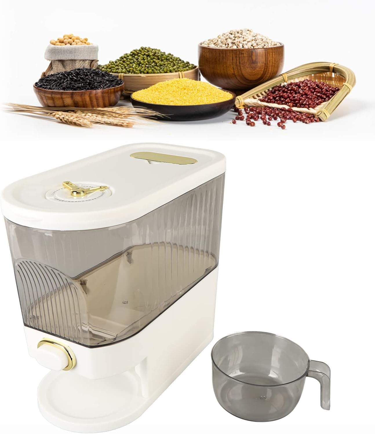 Rice and Grain Storage Container, Clear Rice Dispenser, Food Storage Container with Measuring Cup, Button Operation Dry Food Storage Box Rice Bucket for Cereal, Grain, Beans(L)