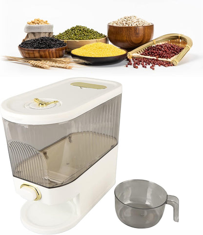 Rice and Grain Storage Container, Clear Rice Dispenser, Food Storage Container with Measuring Cup, Button Operation Dry Food Storage Box Rice Bucket for Cereal, Grain, Beans(L)