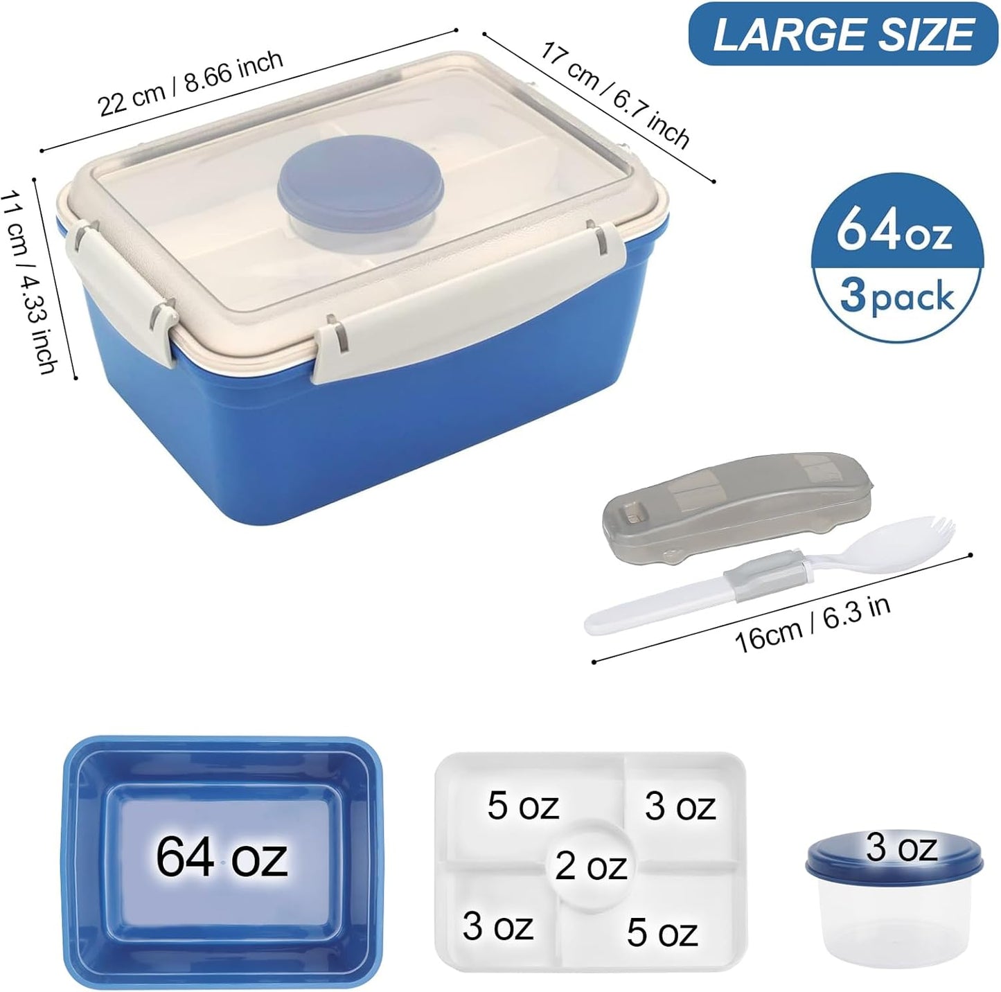 3 Pack Salad Lunch Box Food Storage Containers, 47oz Bento Box To Go Container with Lids, Reusable Meal Prep Containers with Removable Tray & Dressing Pots for Kids and Adults, Microwave Safe
