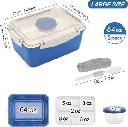 3 Pack Salad Lunch Box Food Storage Containers, 47oz Bento Box To Go Container with Lids, Reusable Meal Prep Containers with Removable Tray & Dressing Pots for Kids and Adults, Microwave Safe