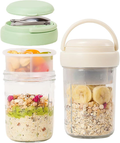 2 Pack Overnight Oats Containers with Lids and Handles, Folding Spoons & Divided Compartments for Fruit & Nuts, 16oz Mason Jars for Oatmeal Yogurt Container Chia Pudding Jars with lids (Cream 2pcs)