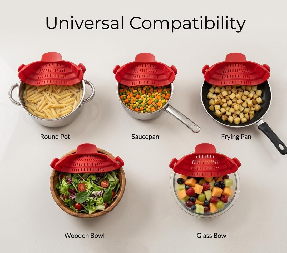 Clip On Strainer Silicone for Pots and Pans, Universal Fit Pasta Strainer and Pot Colander, Space Saving Food Drainer with Collapsible Funnel and Garlic Peeler, 3 Pcs Set, Gray